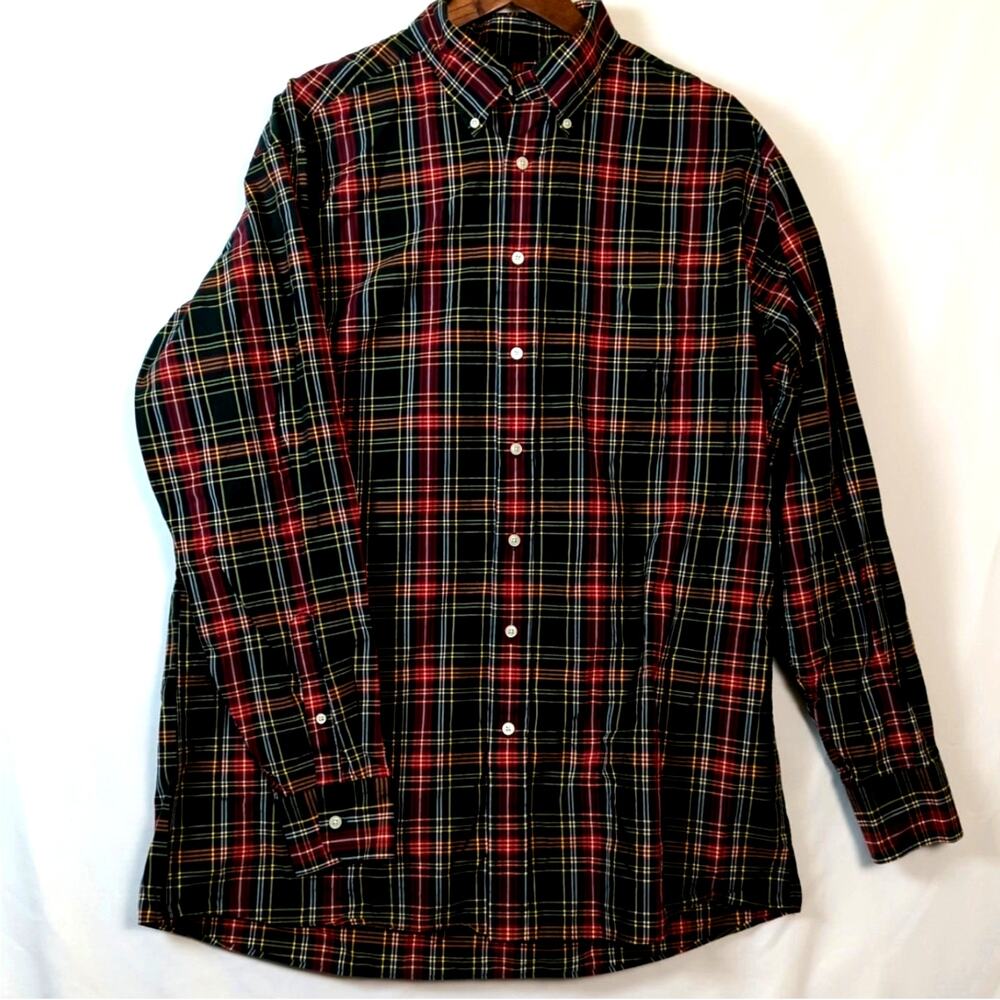 Nautica Plaid Long Sleeve Button Down Shirt | XLT Tall | Green Red Cotton